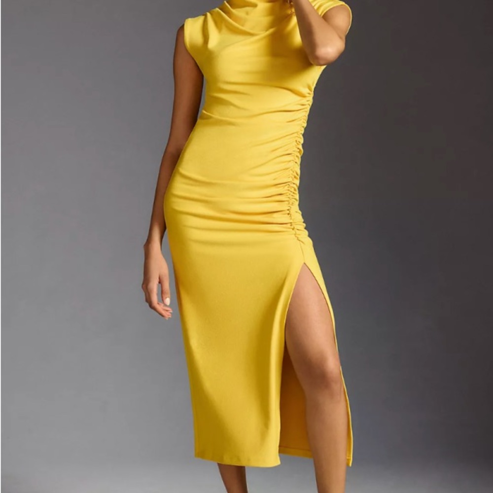 The Maya Ruched Cowl-Neck Dress by Anthropologie in Yellow